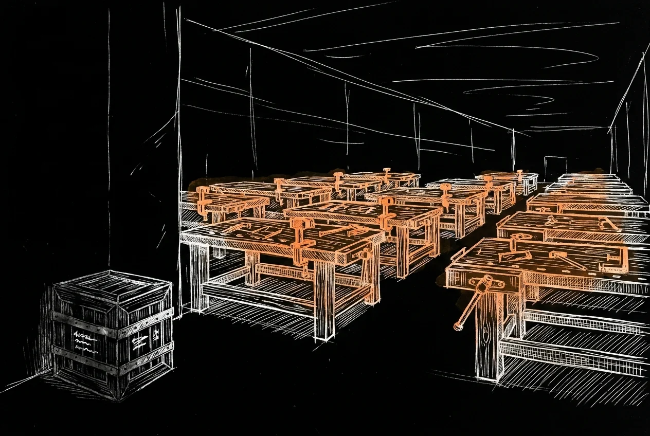 An engraved workshop where every bench is already tooled for one language, the fixtures and fittings matching across the room. A crate holding a second, different toolset stands unopened against the wall with its bands intact.