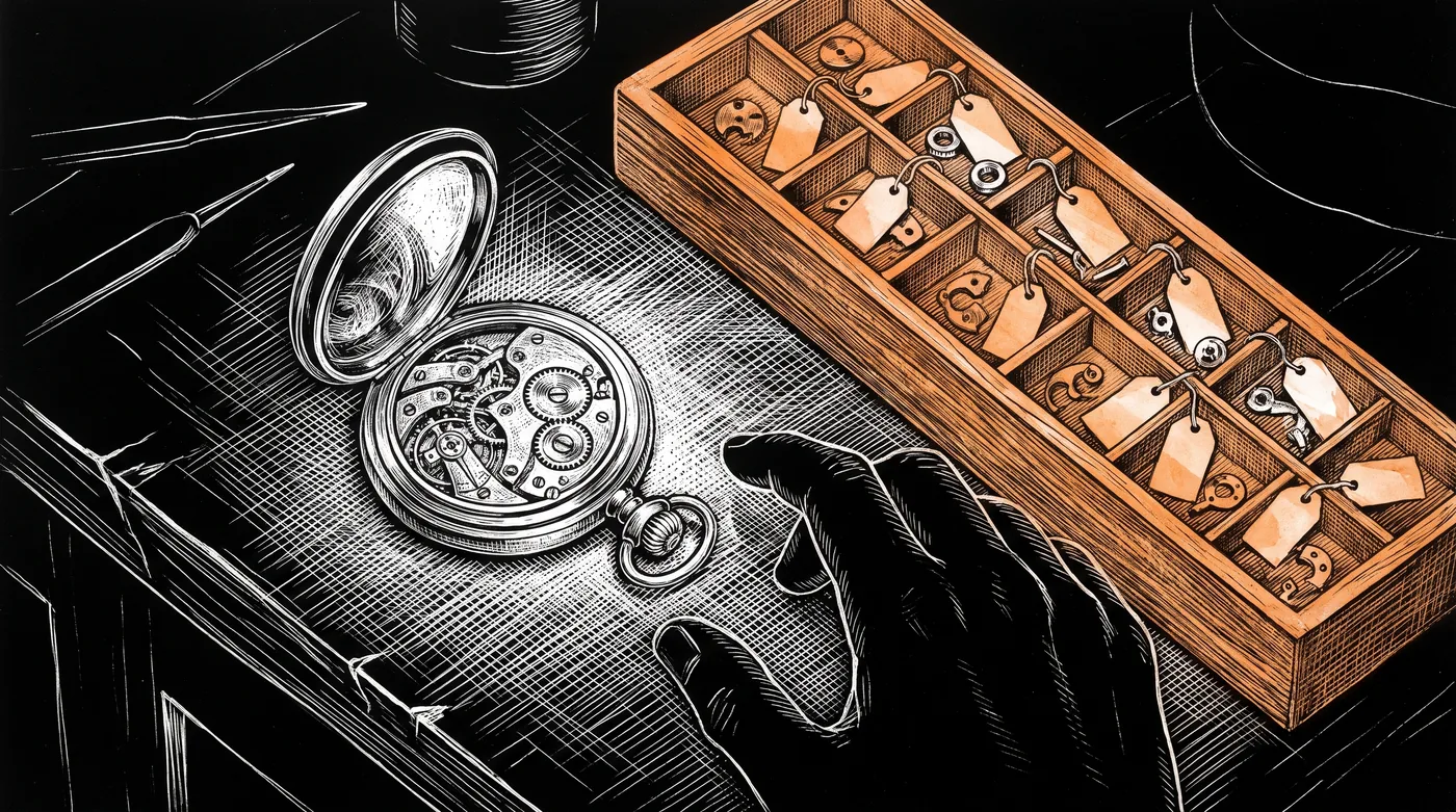 A repairer's counter holds a mended pocket watch with its case open beside a tray of the same size. Each compartment of the tray pairs a worn, removed part with the new part that replaced it, a blank tag tied to every pair, and a hand reaches for both.