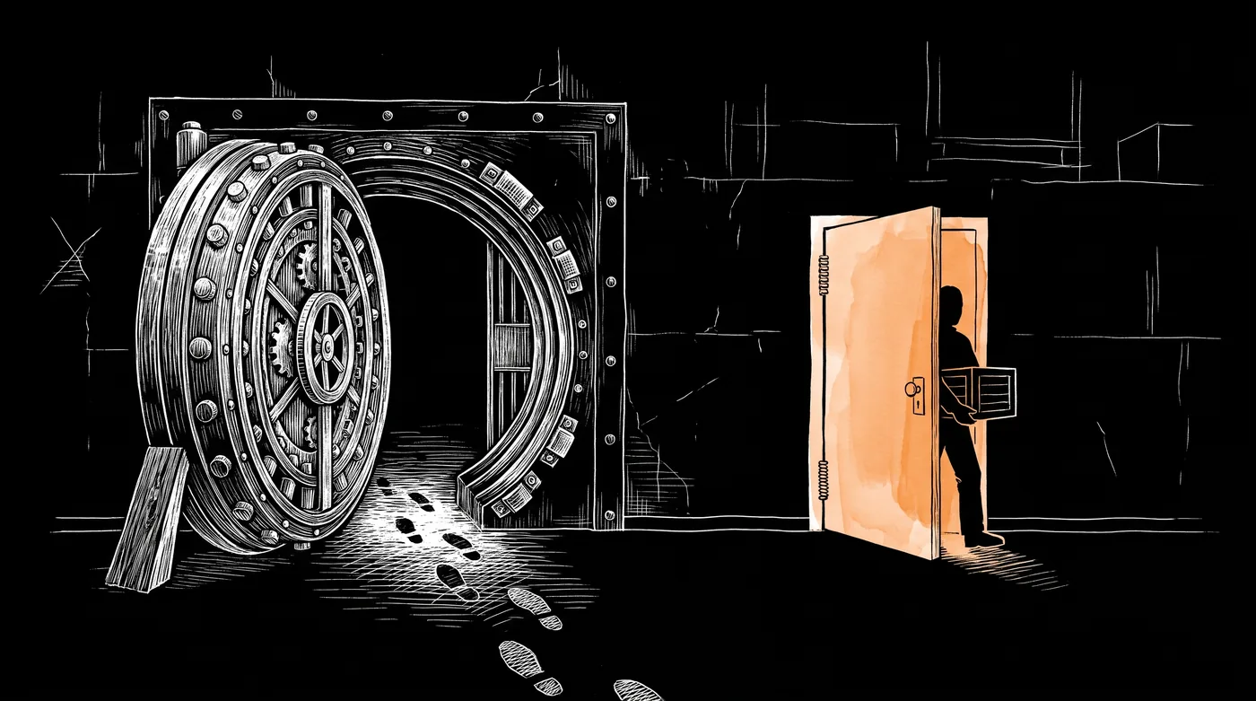 Two doorways in a warehouse wall. On the left, a massive vault door is wedged open, and a worn track of footprints runs straight through it. On the right, a light spring-hinged door swings shut behind a worker carrying a crate.