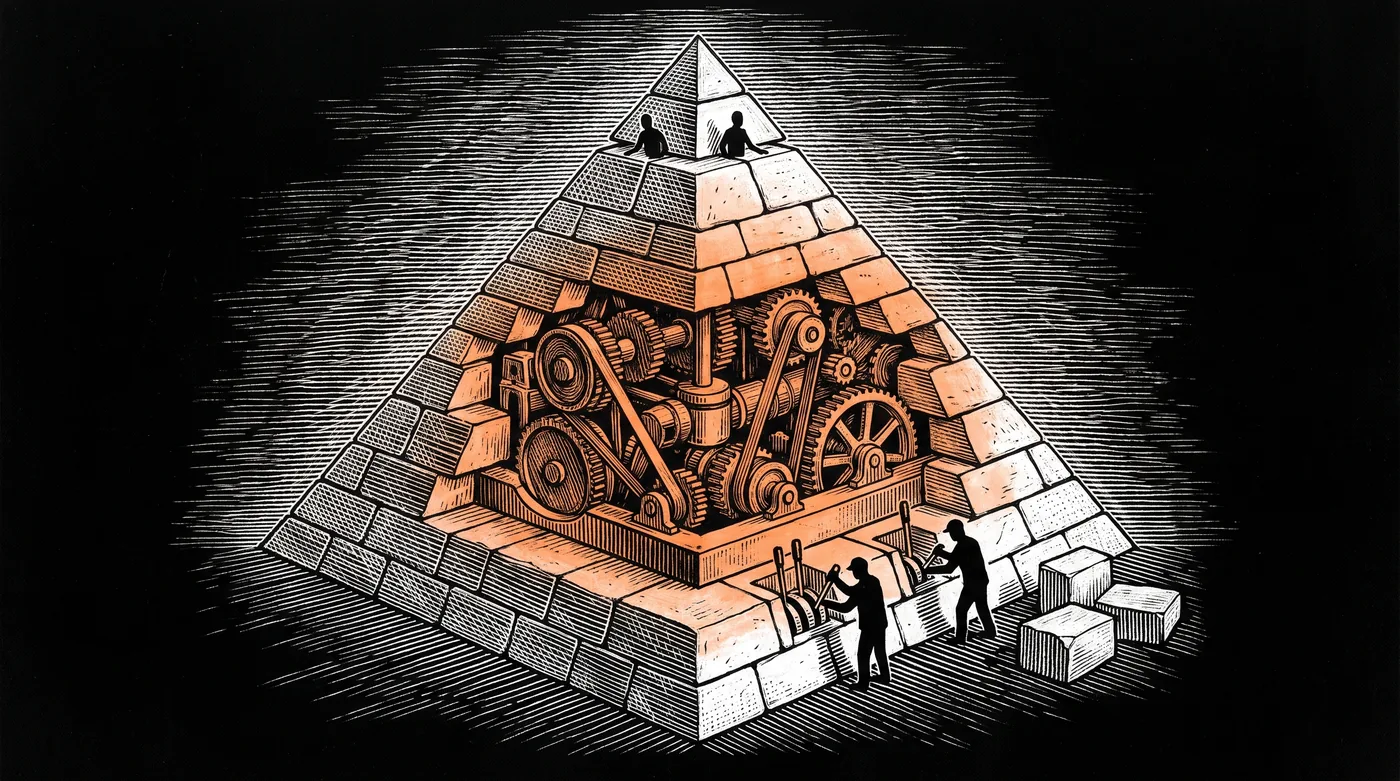 A stone step pyramid shown in section. Its middle courses have been replaced by a compact engine of gears and pistons that holds up a small apex where two people stand. Beside the base, three operators work its levers, and spare stone blocks lie to one side.