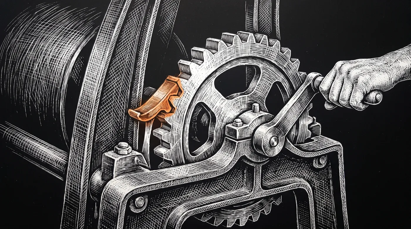 A large ratchet wheel with sharp angled teeth sits in an iron frame. A spring-loaded pawl rests in one tooth so the wheel cannot slip backward, while a hand on the crank turns it one notch forward.