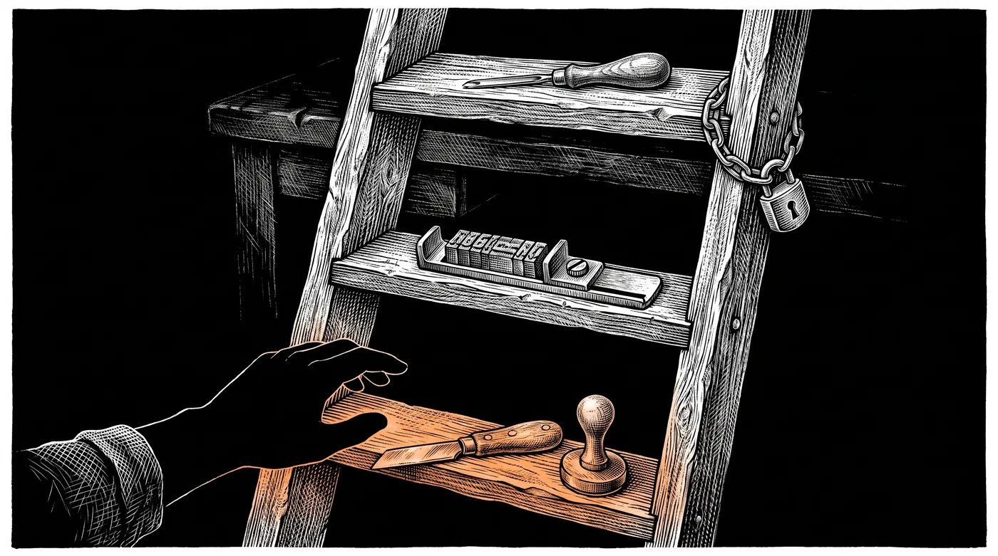 A three-rung ladder leans on a dark wall. A worn eraser knife and a hand stamp rest on the bottom rung, a composing stick holding a short row of metal type sits on the middle rung, and a fine engraving tool is chained and padlocked to the top rung.