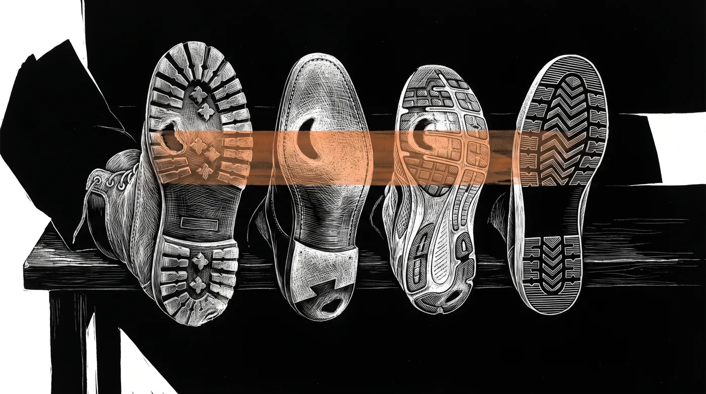 Four shoes lie upside down in a row: a work boot, a dress shoe, a running shoe and a new factory sole. The first three are worn in the same places, at the outer heel and under the big toe, while the new sole shows no wear at all.