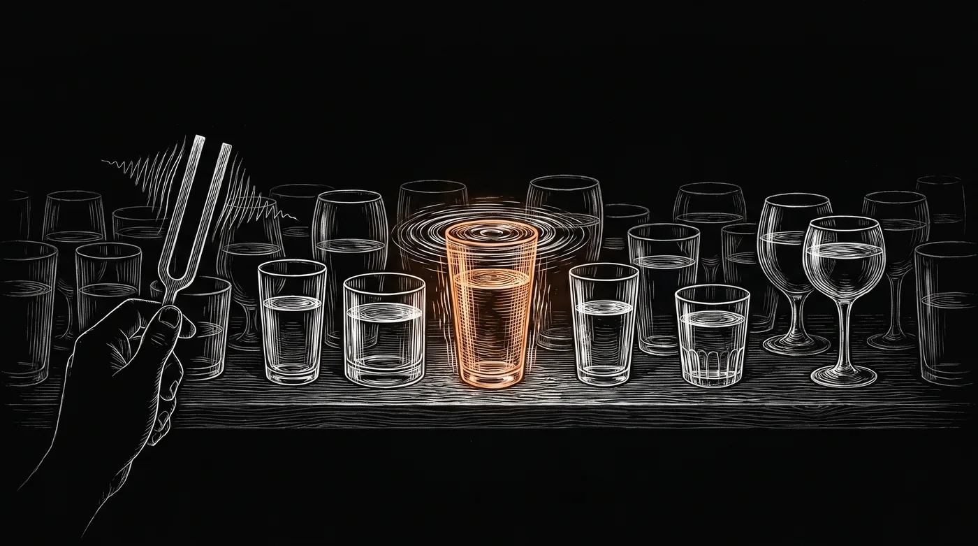 A hand holds a struck tuning fork beside a shelf of water glasses filled to different levels. One glass in the middle of the row trembles, ripples spreading across its water, while every other glass stands still.