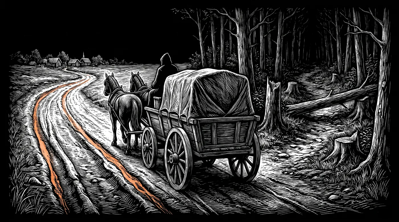 A heavy wagon loaded with strongboxes turns at a fork onto a broad road worn into deep ruts. The other branch is a fresh trail into dense forest with a single set of wheel tracks, raw stumps and a fallen log across it.