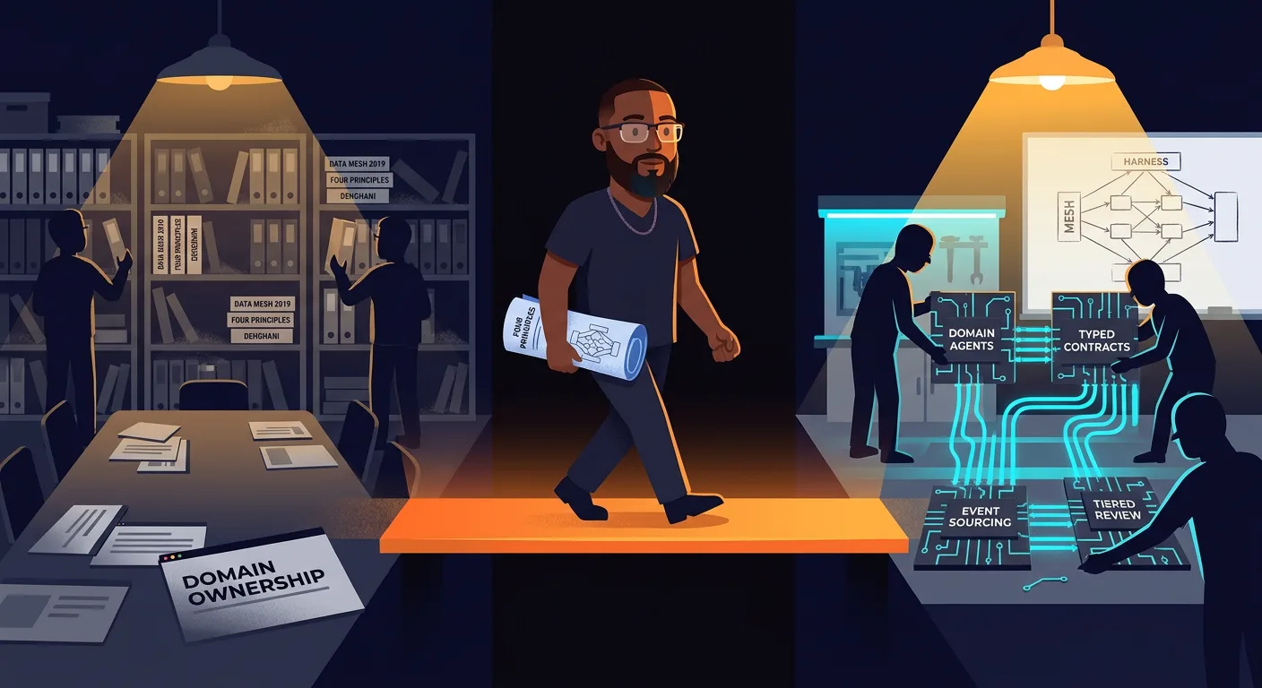 Two workshops back to back in deep navy: data engineers shelving mesh literature into an archive, agentic engineers assembling the same architecture from parts without its name. A single amber-lit bridge gap between them. Andy mid-frame carrying a blueprint across.