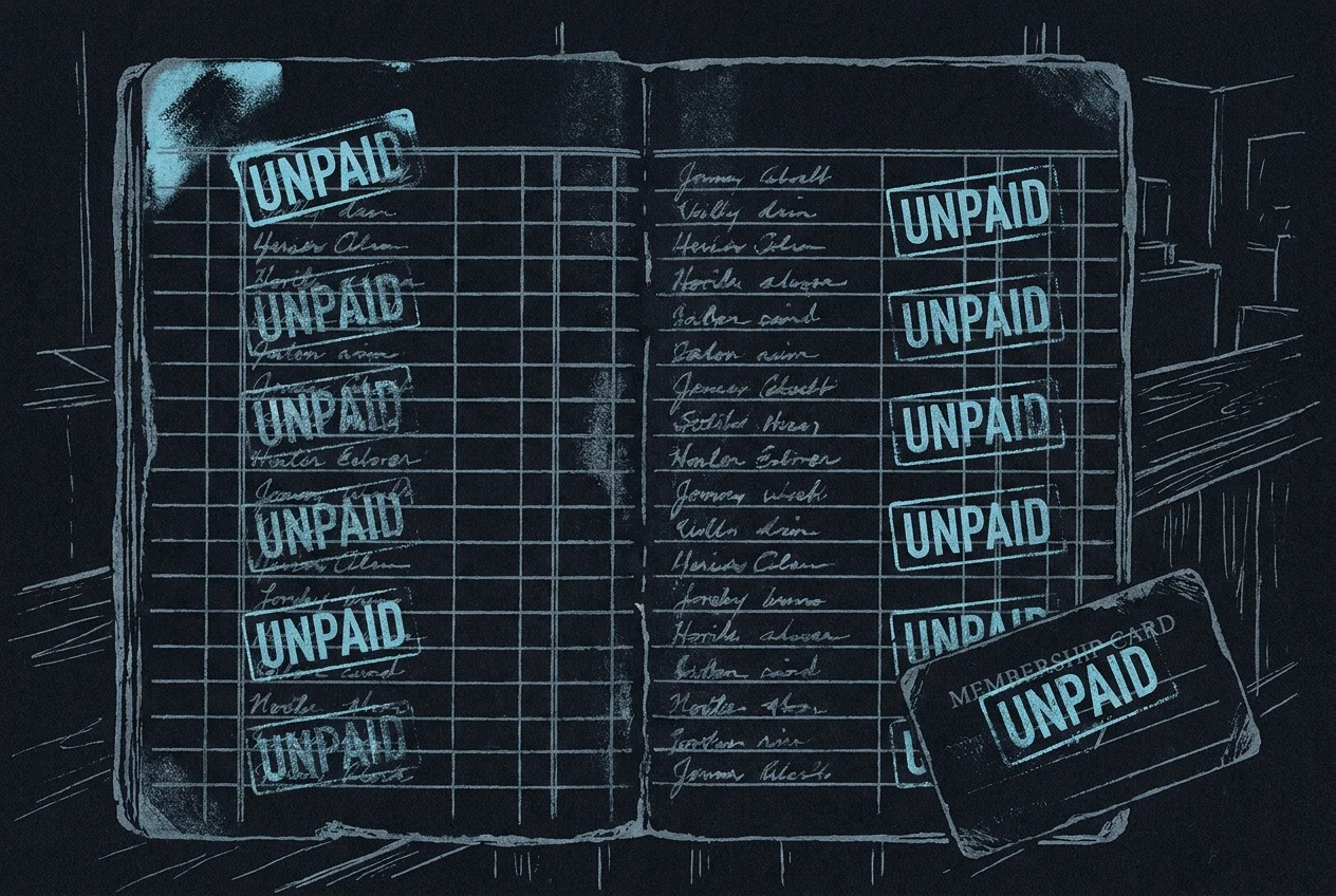 A standing-order account book open flat, four recurring charges entered down the ruled column in a clerk's hand and repeating to the bottom of the page, every line struck with the same UNPAID stamp. A membership card lies across the corner carrying the same stamp.