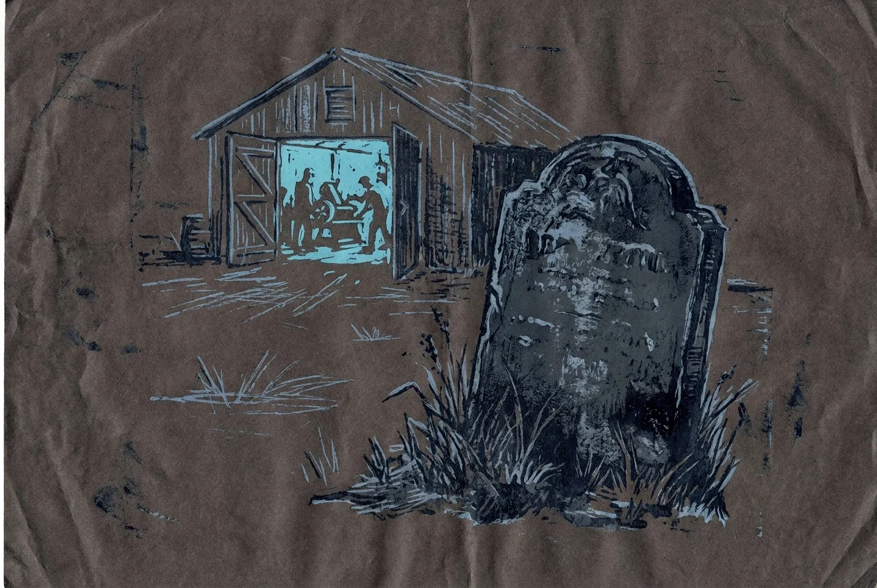 A plain headstone standing alone in an unkempt yard at night, its inscription worn past reading. Directly behind it a working shed stands lit and busy, door open and machinery running, built from the same shapes and fittings the yard was made of.