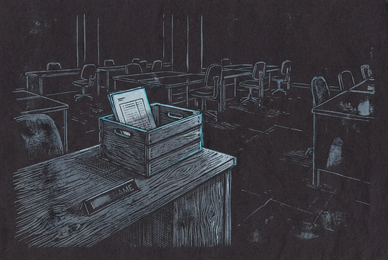 An emptied open-plan office at the end of a working life, every desk cleared. On the nearest desk a name plate lies face down where someone turned it over on the way out, and beside it a delivered crate holds nothing but a single printed sheet standing upright.