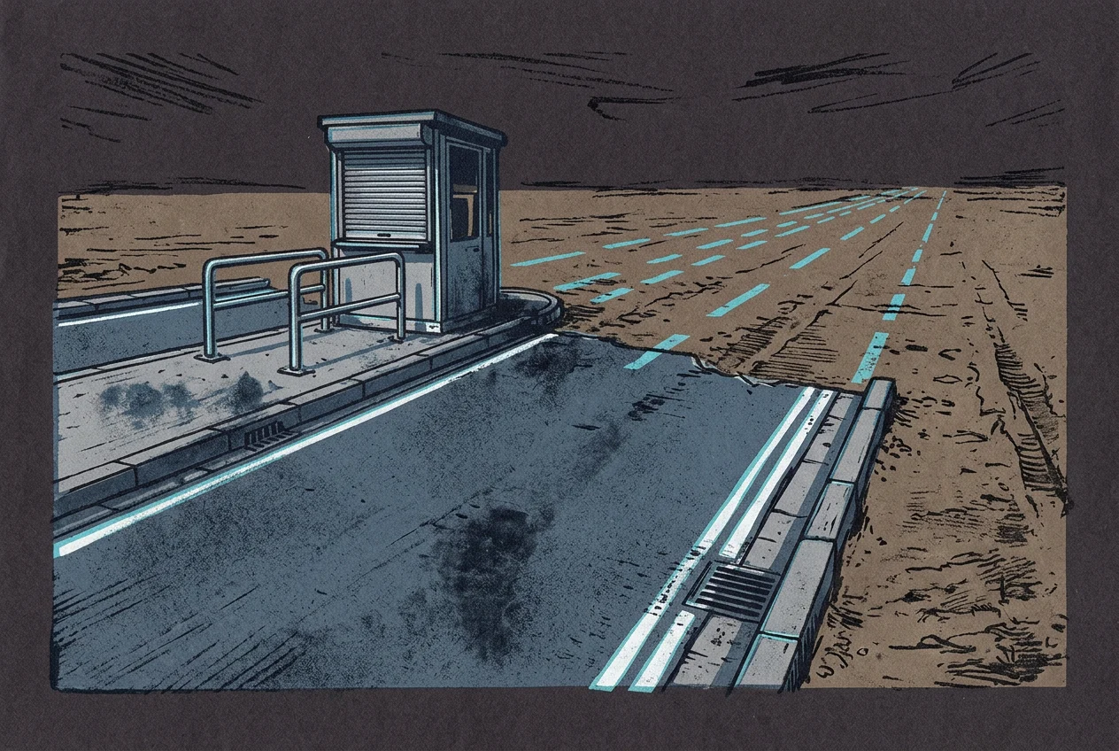 A properly built road, kerbed and drained and marked, simply stops partway across the frame. Beyond the stopping point the same lane markings continue, freshly painted straight onto bare rutted dirt. A ticket booth stands at the roadside with its shutter down and a queue rail bolted in front.