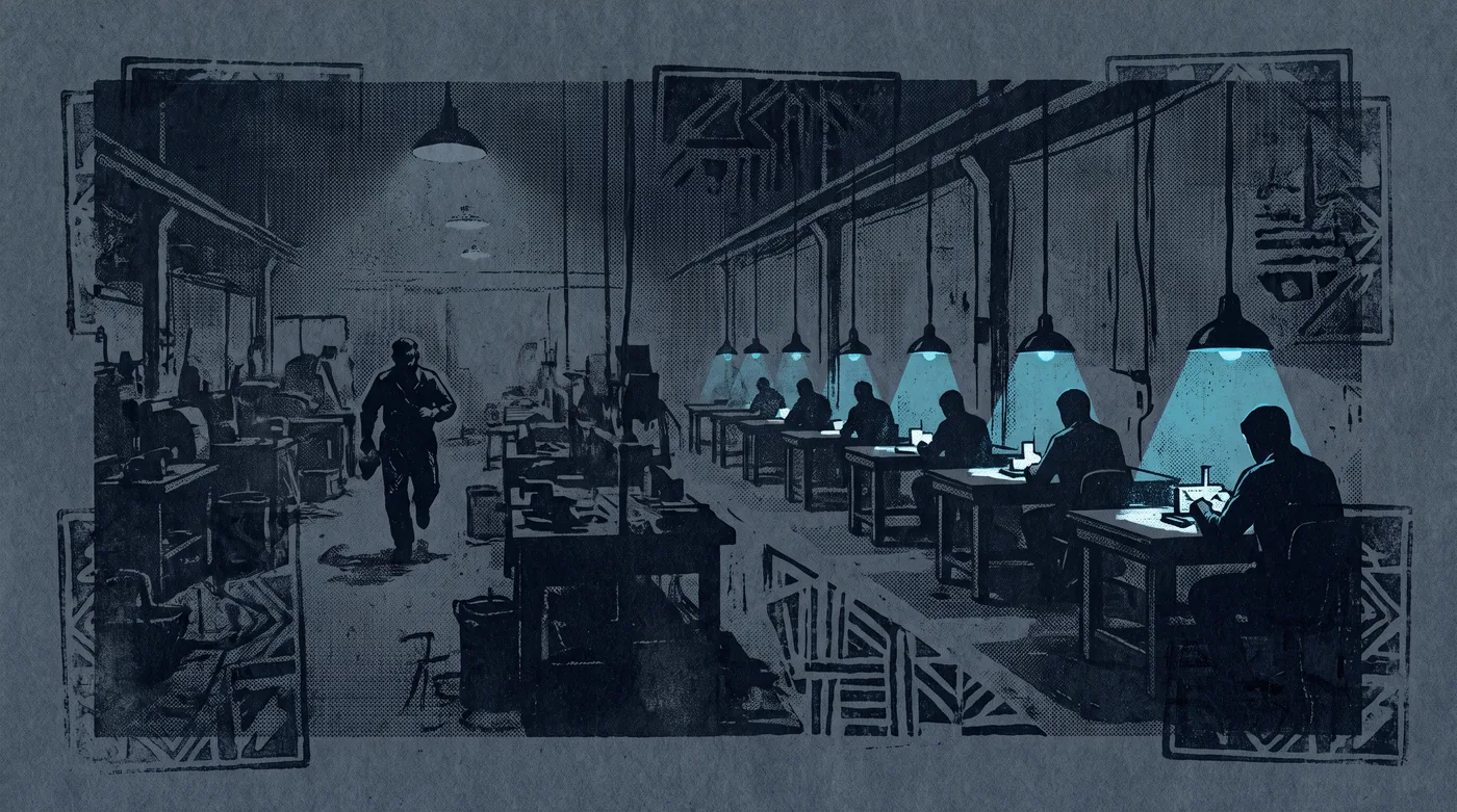 A long workshop hall. On one side, a single worker rushes between benches lit by one distant lamp, the work left dim and unfinished. On the other, each bench has its own small lamp pulled low, with one worker at each and every piece crisply lit.