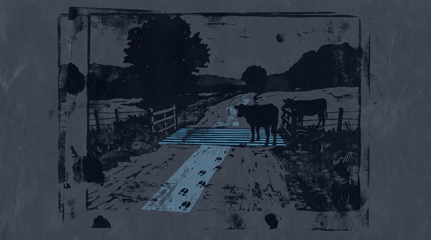 A cattle grid of steel bars spans a road at a gap in a fence, and two cows stand stopped at its edge. A short way back, a stripe painted across the road is scuffed and crossed by hoofprints in both directions.
