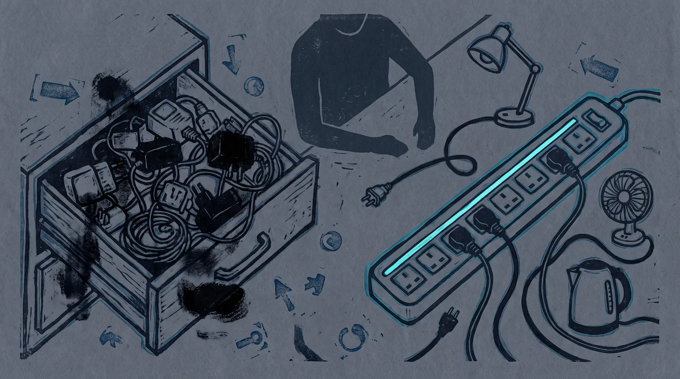 Seen from above, a desk drawer is crammed with a knot of mismatched adapters and converter cables. Beside it, a long power strip holds a row of plugs from a lamp, a kettle and a fan, every one the same standard shape and seated cleanly.