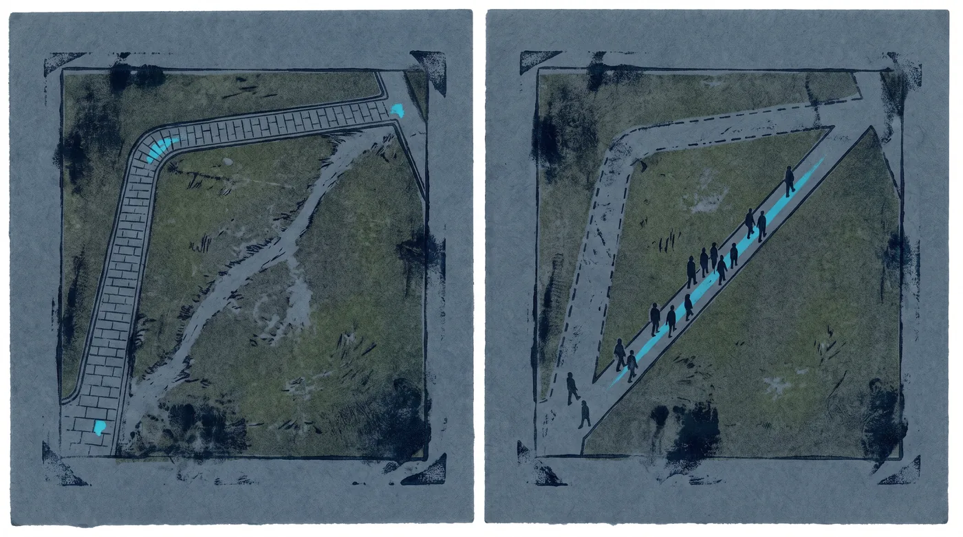 Two versions of the same park lawn. In one, an empty paved walkway detours around the edge while a worn dirt track cuts across the grass. In the other, the paving runs along the diagonal and a line of walkers follows it.