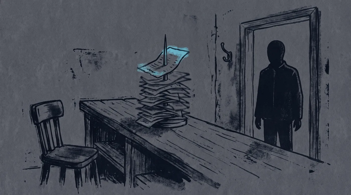 A shop counter at closing time. The stool behind it is empty and the coat hook bare. A receipt spike on the counter is stacked thick with carbon-copy slips, the newest just pressed on top, as a new worker arrives empty-handed through the door.