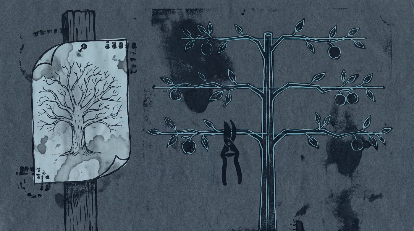 A fruit tree has grown flat against a garden wall along a rigid frame of wires, a central trunk with stiff horizontal arms. Pinned to a post beside it, a rain-stained sketch shows a wide, freely branching tree.