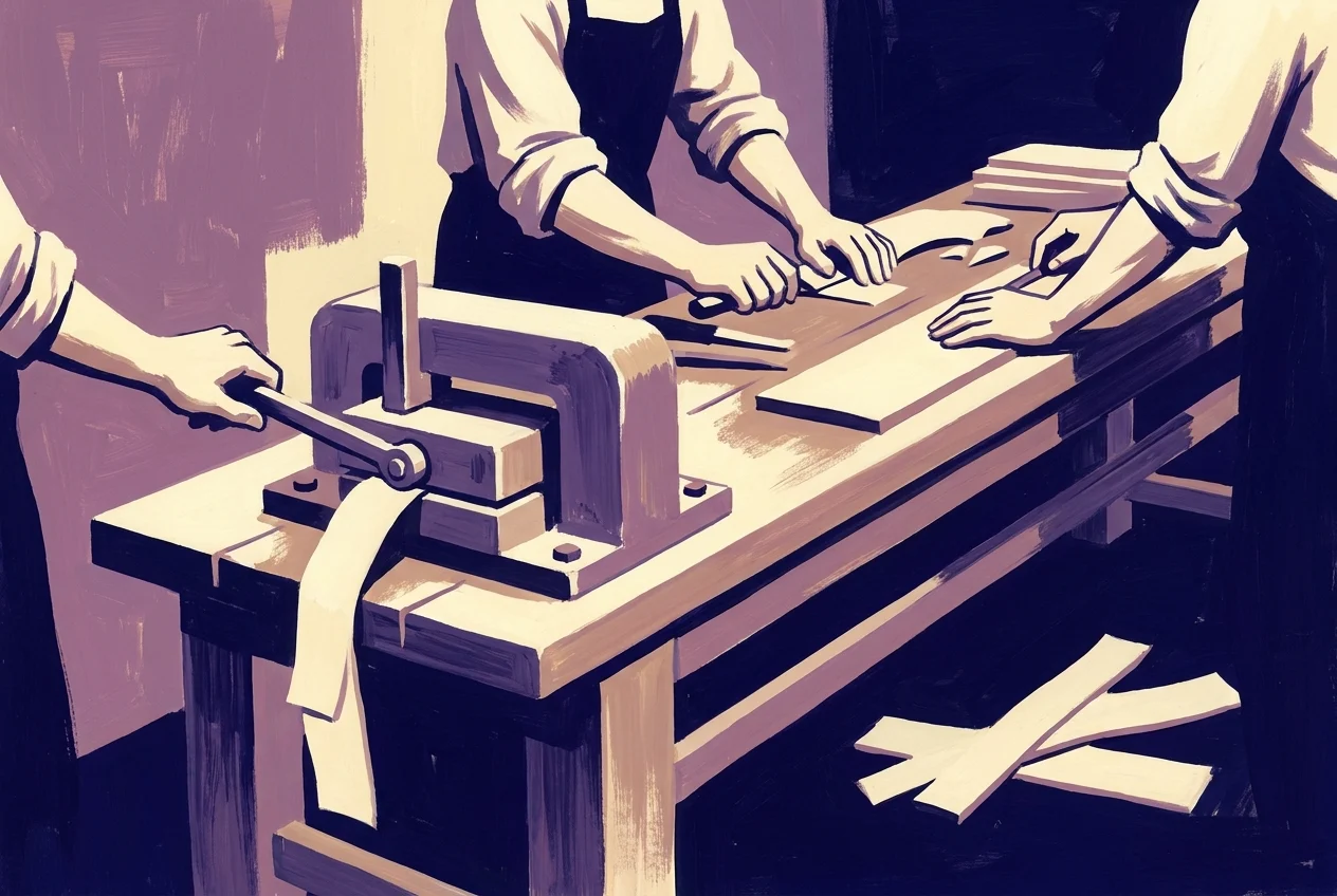 A small workshop where the work is plainly being done by hand at a long bench, sleeves rolled, offcuts on the floor. At the near end of the same bench stands one modest machine, clearly built in this room, with a hand on its lever.