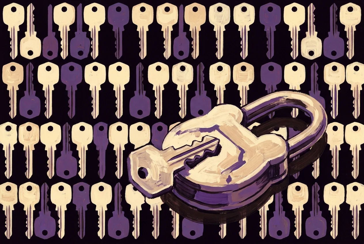 A locksmith's wall carrying hundreds of identical uncut blanks as a repeating field. On the counter in front of it lies one key that has actually been cut, its teeth irregular and specific, resting in the open lock it was cut for.