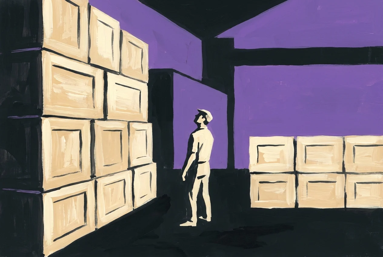 A goods depot with a tall stack of crates on the left and a much shorter stack of the same crates on the right, a wide band of empty air above the short stack, and a porter standing between them looking up into it.
