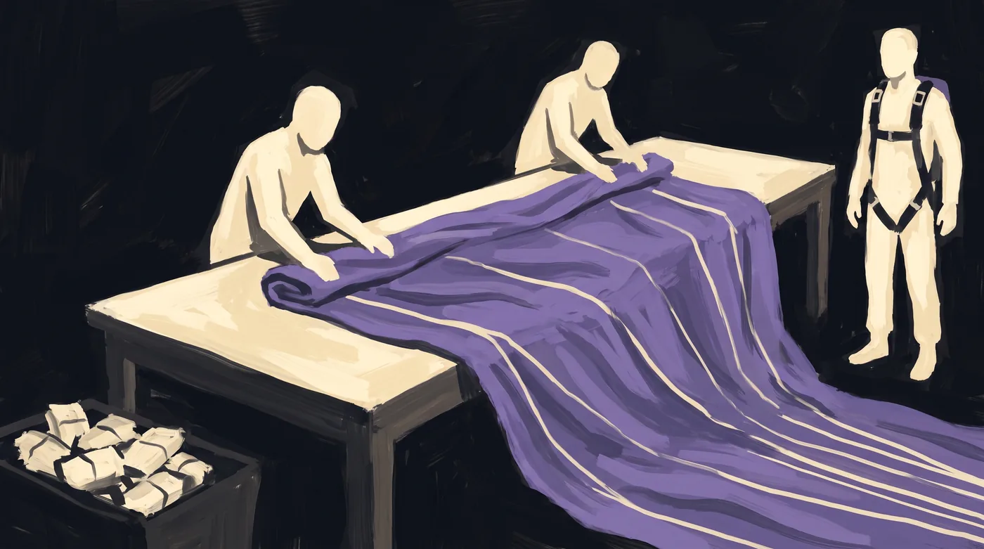 Two people fold a parachute along a long table, its silk spread flat and its lines combed straight, while a third person in jump straps with no pack waits at the end for that one. In a dim corner, a bin holds a heap of unopened packs.