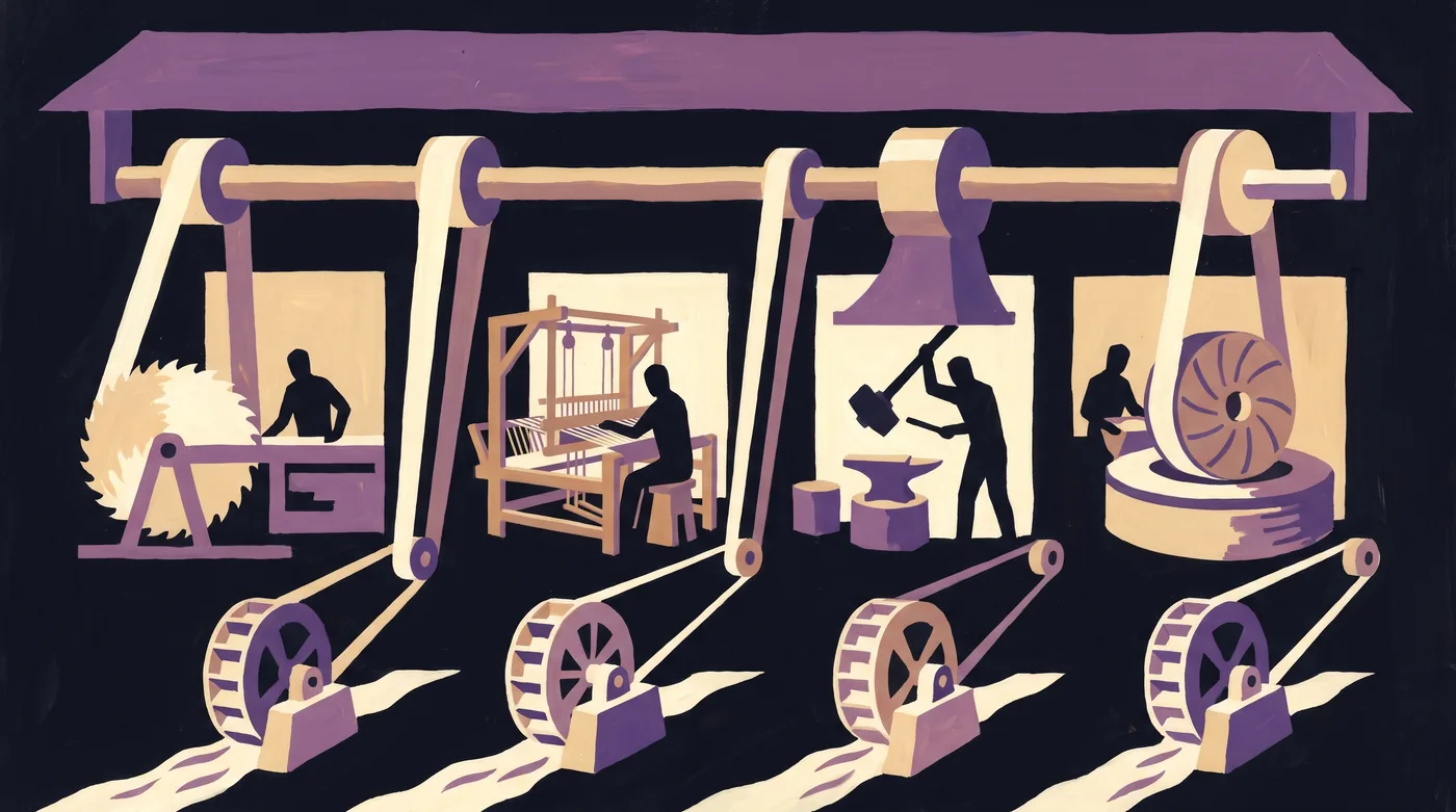 Four different workshops, a sawmill, a loom, a forge hammer and a millstone, hang from one long drive shaft by belts. Each also has its own water wheel turning in a stream below, belted back up into the same shaft.
