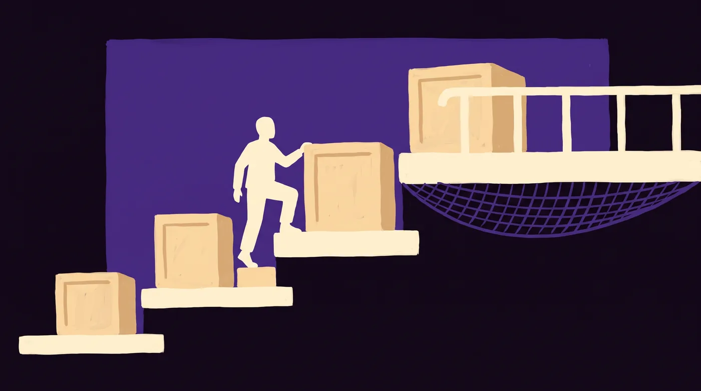 A staircase of four steps rises to the right with a crate on each step, every crate larger than the one below. A person climbs on the third step. Only the top step has a solid handrail and a safety net hung beneath it.