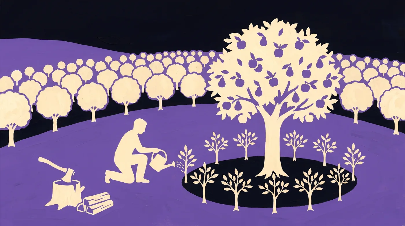 A mature fruit tree stands in the foreground with young saplings growing in a ring around it and older rings spreading up the hill into a grove. A person kneels to water a sapling. Off to one side, an axe leans against a lone stump.