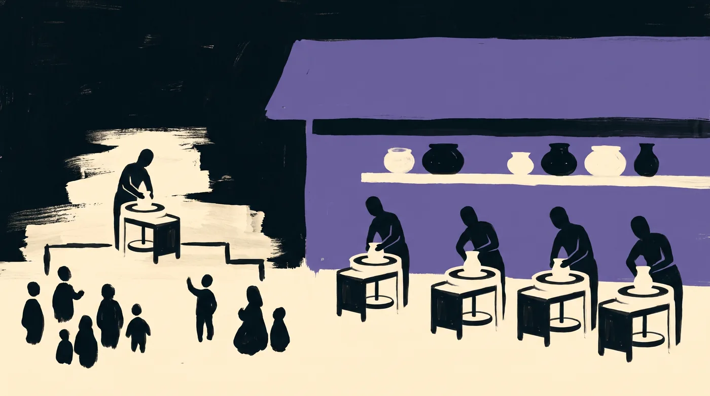 On the left, one person demonstrates at a potter's wheel on a small stage while a seated crowd watches and some get up to leave. On the right, under a long roof, five people each work clay at their own spinning wheel, with pots filling a shelf.