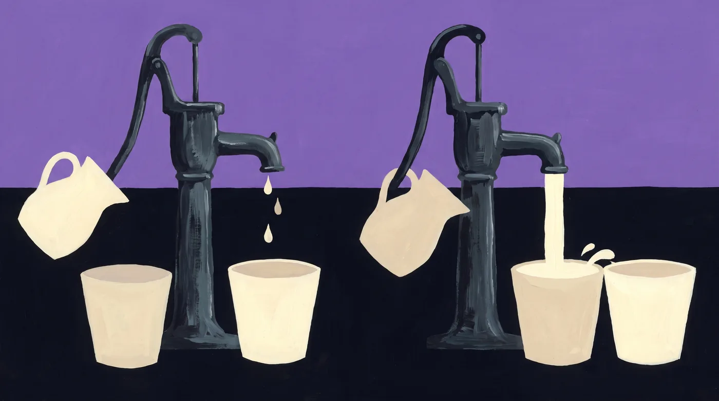 Two identical hand pumps stand side by side, each primed from an identical jug. The left pump's narrow spout lets a few drops fall into a nearly empty bucket. The right pump's wide spout pours into a full bucket that spills into a second one.