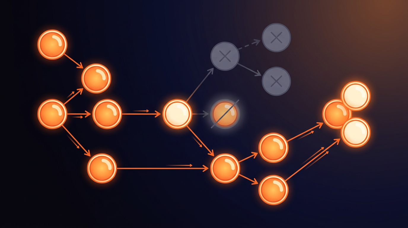A directed graph of paragraph-nodes. Most nodes are alive: glowing orange circles connected by orange directed-arrow edges flowing left to right. Two nodes top-right are dead: cool grey, no outgoing edges. A pair of nodes near the center are marked redundant: same fill but one is faded with a strikethrough line. The compiler picks the stronger one and deletes the other.