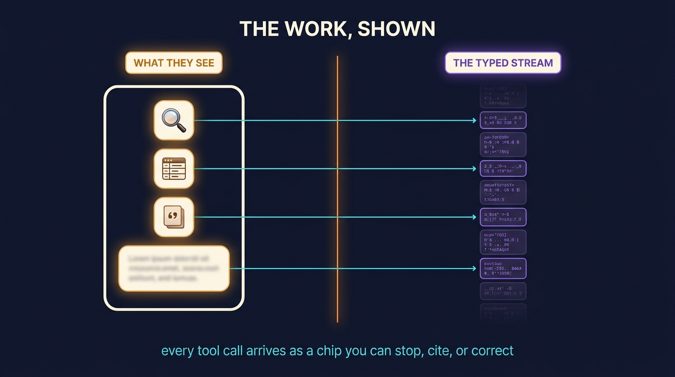 A chat surface streaming typed tool-call chips as they happen: a search chip, a database-read chip, a citation card holding a quoted span, and the synthesis paragraph that follows. Beside it, the same activity as the underlying typed event stream scrolling past.