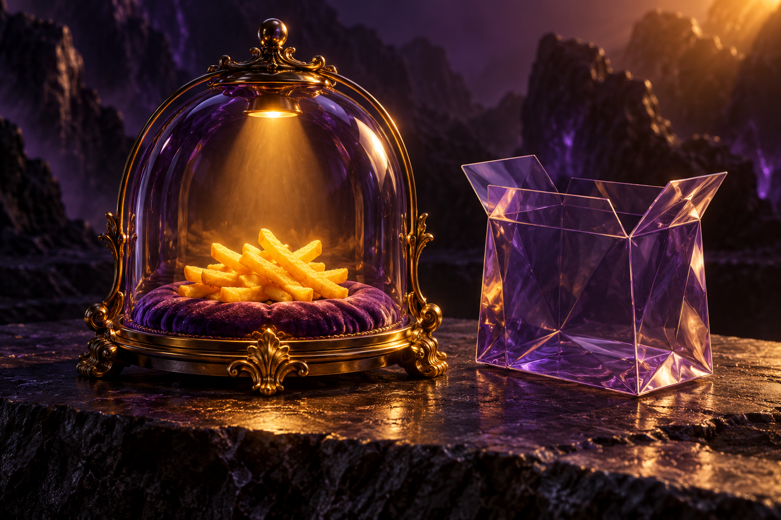 Golden fries displayed ceremonially beneath a violet glass dome while an open empty takeout bag waits beside them.