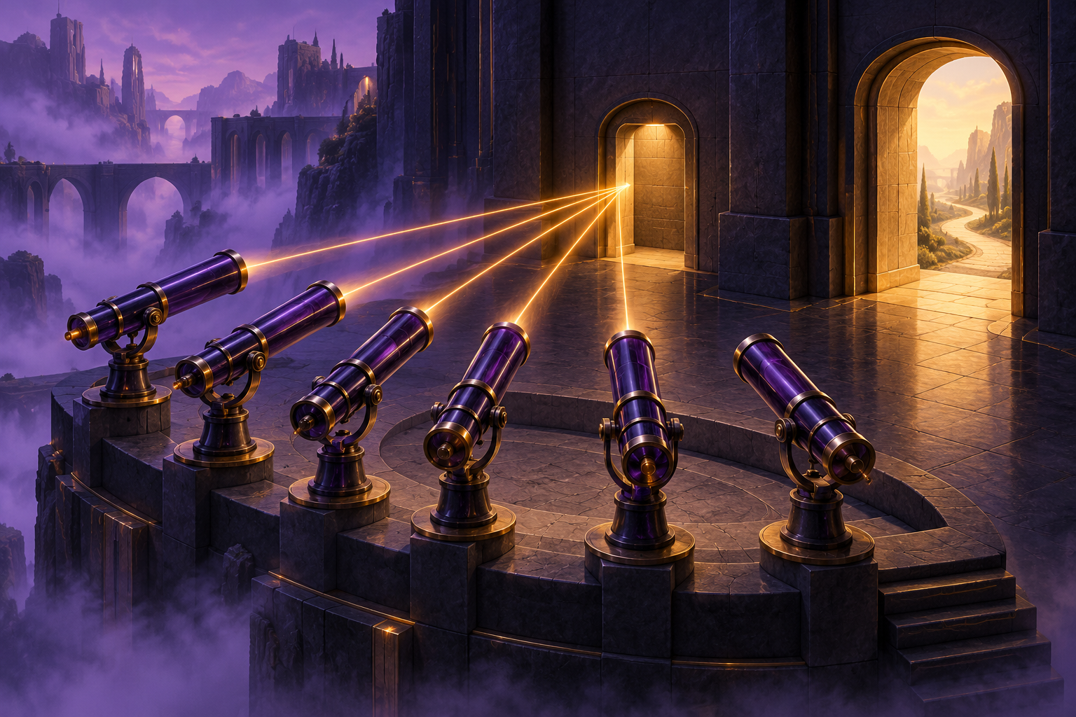 Violet glass telescopes all point at the same dead-end doorway while an adjacent open passage remains unattended.
