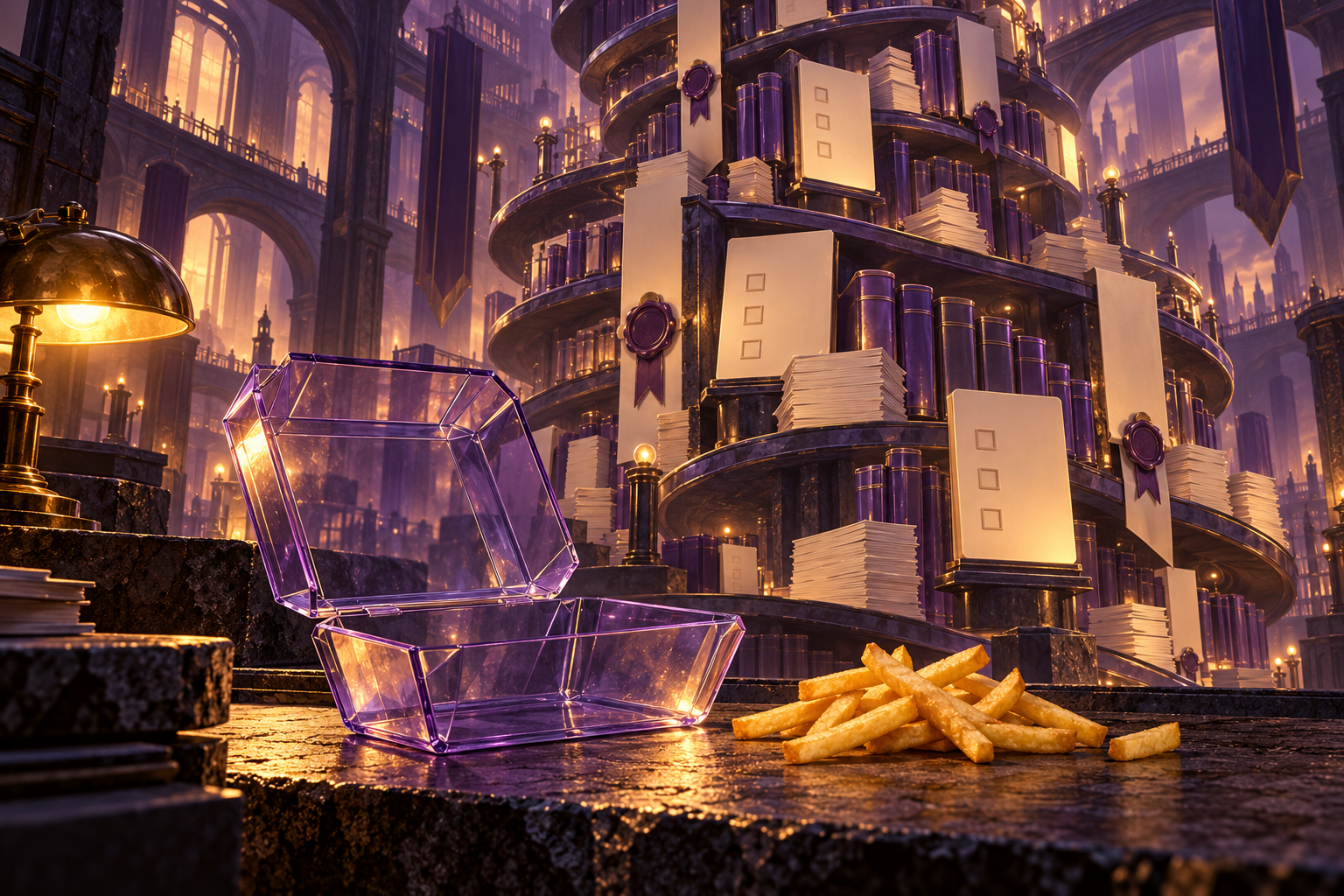 Towering violet glass rulebook shelves loom over an unfilled takeout bag on a stone counter.