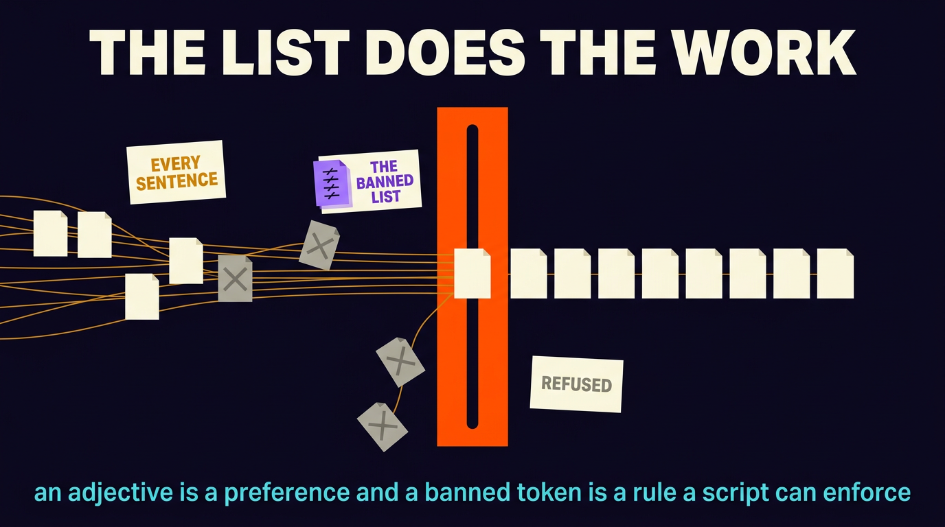 A stream of sentences flowing toward an orange gate. Three marked cards bounce off and fall away while the rest pass through and land in one aligned column.