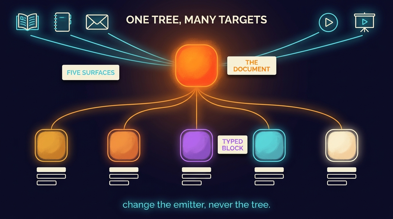A typed syntax tree for a document. The root Document node branches into ordered Block nodes labelled Hook, Narrative, Evidence, Claim, List, CTA and Figure. Each block shows its typed fields and a derived rendered-prose field underneath. Emit arrows fan out from the root to six surfaces: wiki, field notes, email, tweet, video and slide.