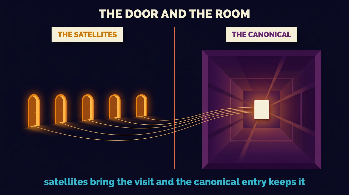 Five small lit doorways on the left, each sending a thread rightward into one large violet chamber that holds a single glowing card at its centre.