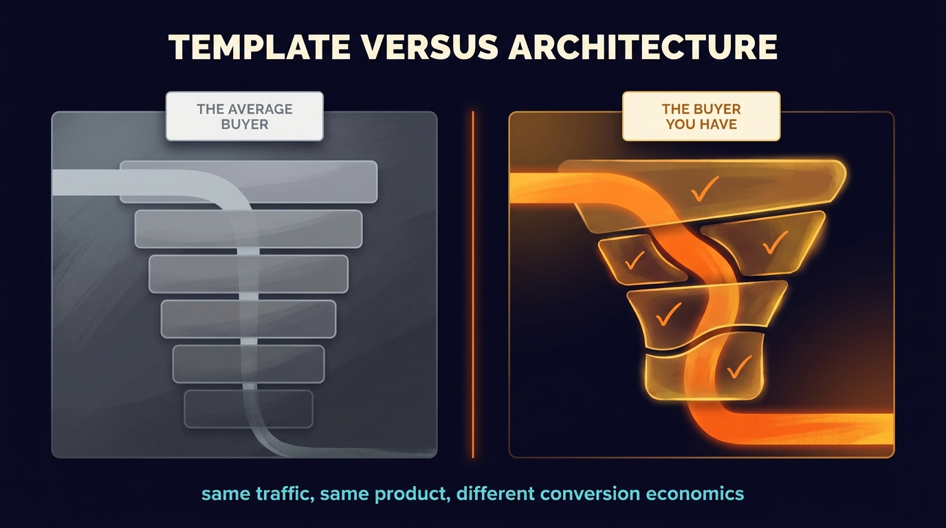 Two panels. Before: a generic six-step template funnel of identical rectangular boxes, labelled $50 CPL and 1.4 percent conversion. After: a custom-shaped funnel whose stages carry belief-shift labels and dense annotation, labelled $9 CPL, 4.2 percent conversion, and 3.4x LTV to CAC.