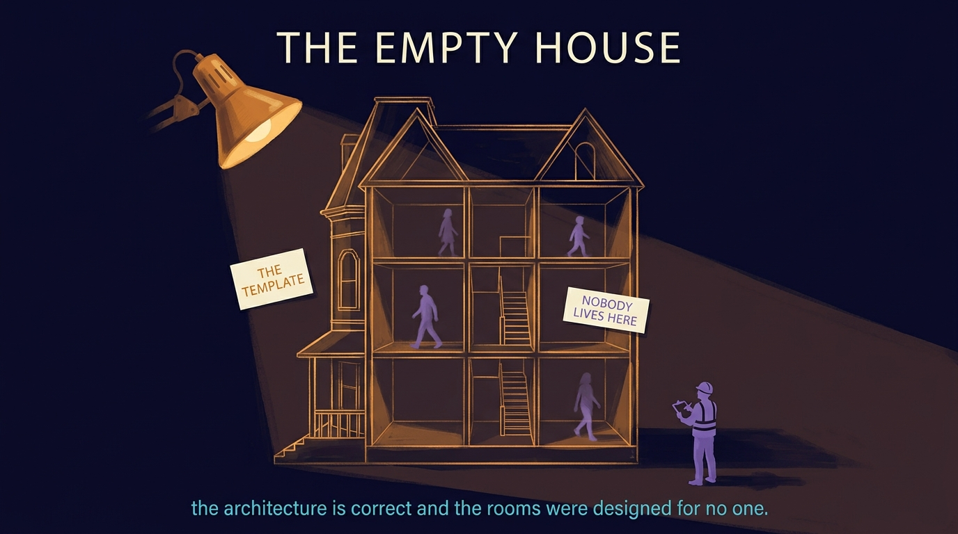 A cutaway architectural model of a multi-story house, lit and handsome and hollow. Ghostly silhouettes drift through the rooms past empty furniture without settling anywhere. A figure with a clipboard stands outside, watching through the open wall.