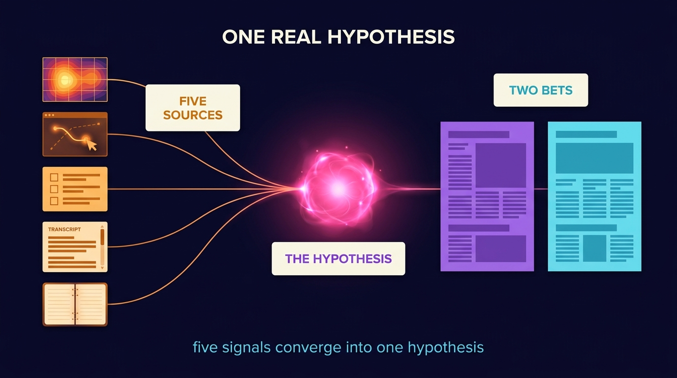 Five diagnostic inputs feed one hypothesis card: a heatmap, a session recording, an exit survey, a sales-call transcript, and a lexicon of pain notebook. Two lines leave the hypothesis and become the A and B versions of the page.