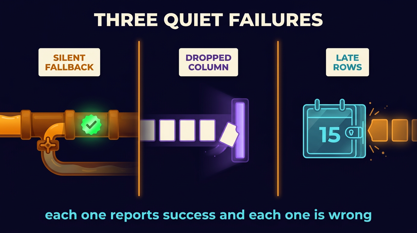 Three panels. A pipe whose flow has stopped while a side valve quietly passes older data onward under a green check. A row of cards entering a slot with one odd-shaped card falling away unnoticed. A sealed calendar day with late cards pressing against its closed edge.