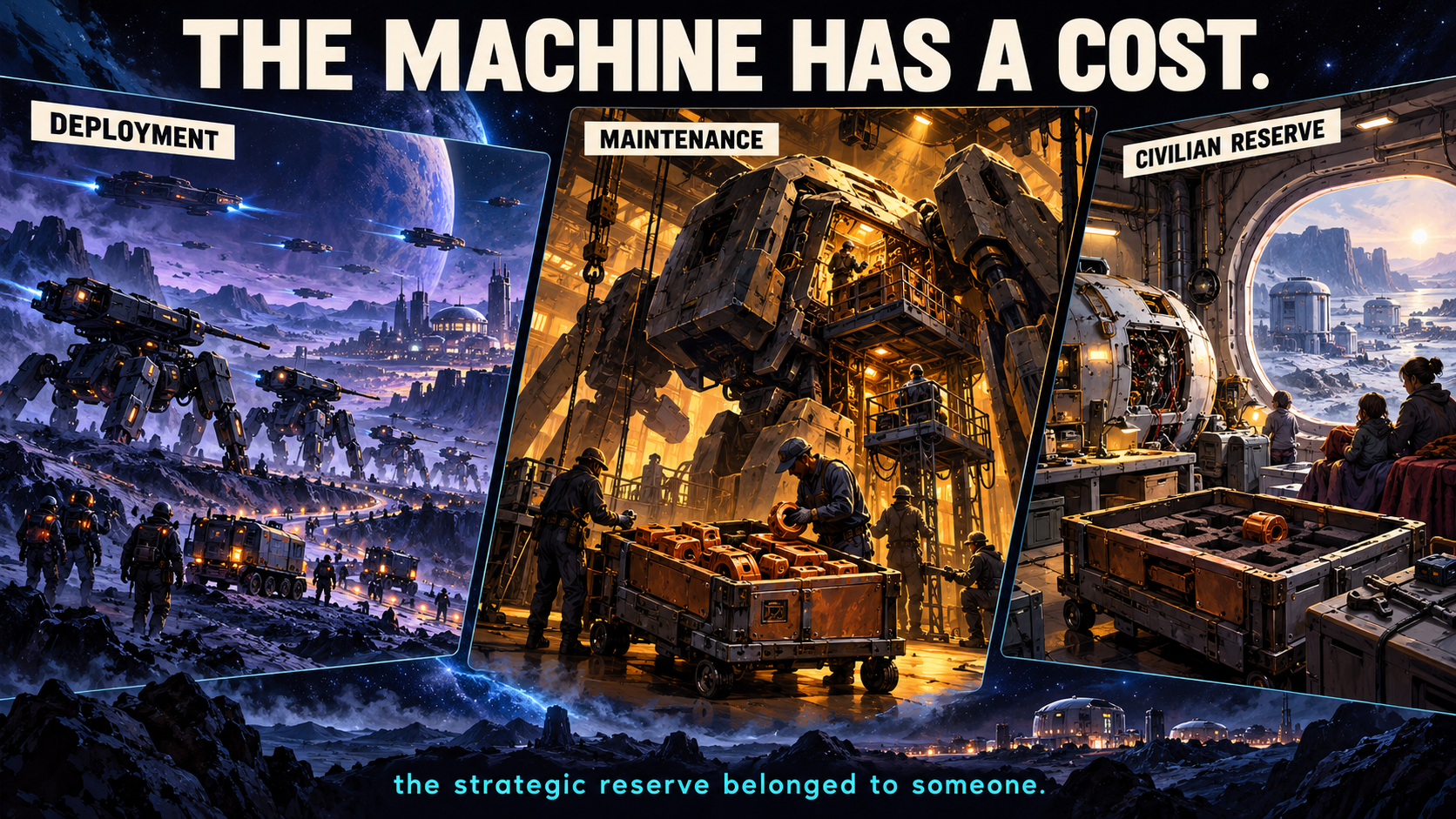 A triptych connects a vast machine deployment, a maintenance hangar using a crate of copper components, and a civilian workshop where the matching crate is depleted and repairs wait.