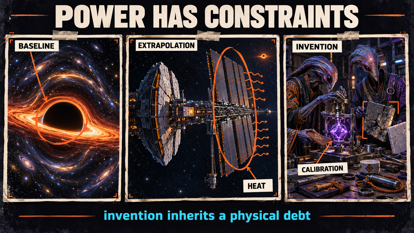 Annotated proof sheet titled Power Has Constraints. Baseline shows a black-hole dark silhouette, external luminous accreting material and lensed background light. Extrapolation shows a separate remote speculative installation with layered shielding, large radiator wings and heat arrows. Invention shows nonhuman technicians calibrating a small violet geometric mechanism beside a cracked shielding tile, worn tools, geometric woven motifs and cord-bound craft objects. Cream cards label Baseline, Extrapolation, Invention, Heat and Calibration; the cyan caption reads invention inherits a physical debt.