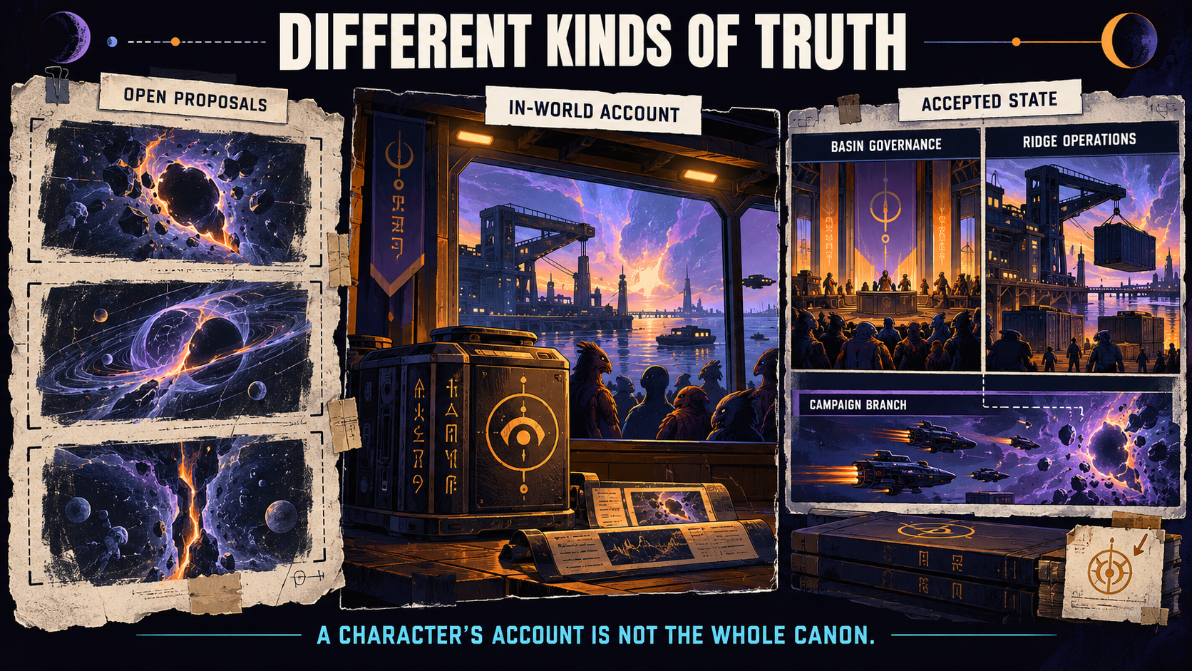 Open creator alternatives, an in-world account, and accepted port history show why records need status, perspective, and continuity.