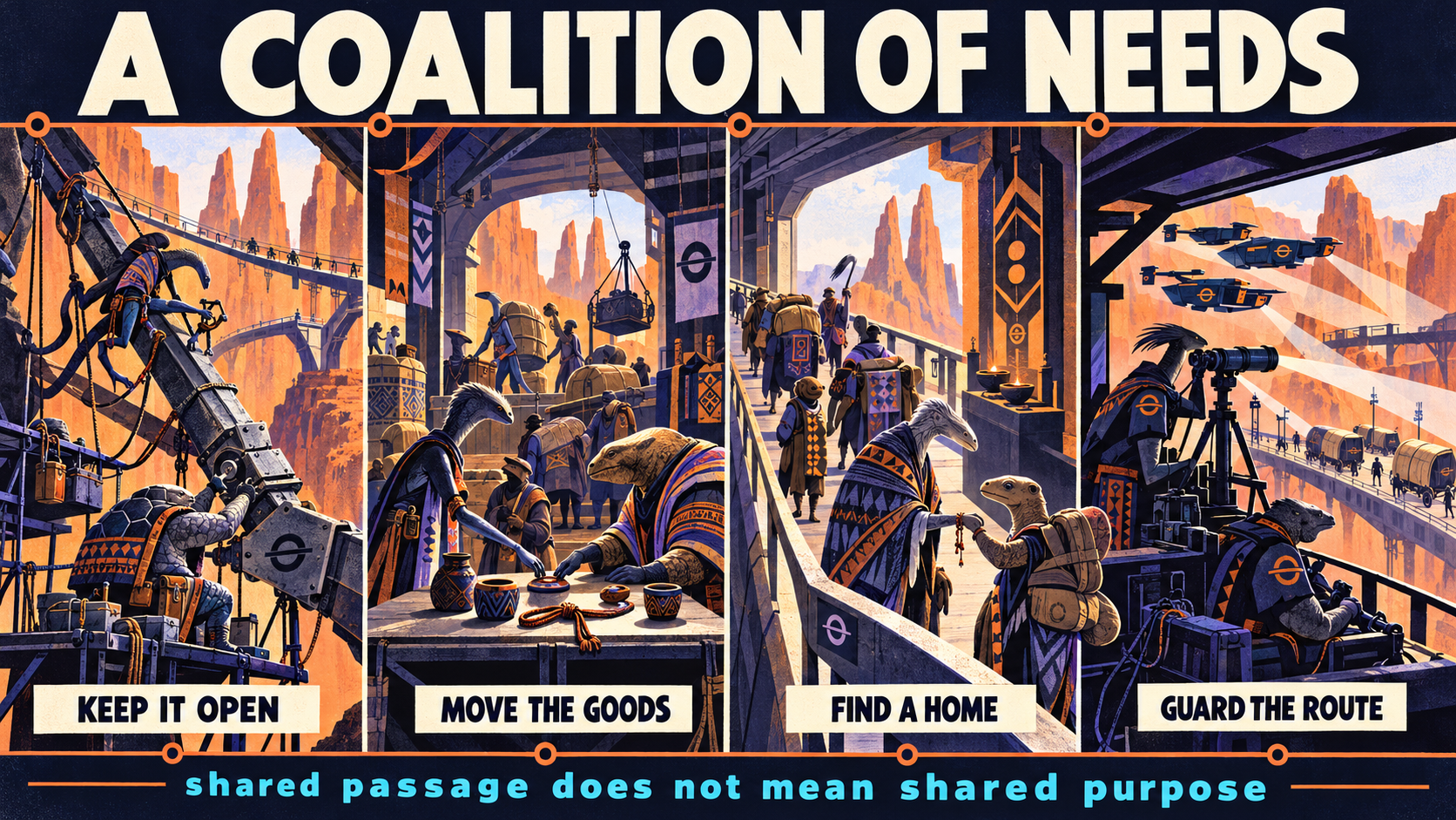Mid-century editorial four-panel composition titled A Coalition of Needs. Mixed nonhuman crews repair a canyon corridor brace, merchants seal a cargo arrangement with ceramic pledge tokens and cord, migrant kin exchange a wrist cord along the protected passage, and a security crew watches escort craft above the same route. Twin canyon needles, an open-ring emblem and an orange line connect the environments; distinct woven motifs and recurring body types across roles preserve differences. Cards read Keep It Open, Move the Goods, Find a Home and Guard the Route. The caption reads shared passage does not mean shared purpose.