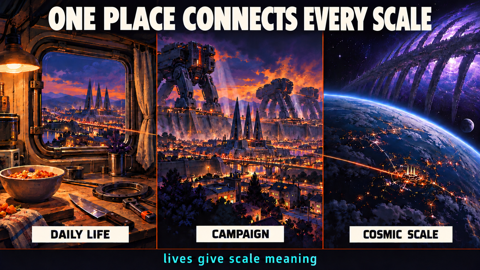 Painterly triptych titled One Place Connects Every Scale. Daily Life shows food, gasket and repair tools in an amber-lit pressure-sealed kitchen overlooking a three-spire depot. Campaign shows the same depot and neighborhood sheltered by enormous machines. Cosmic Scale repeats the city on a planet dwarfed by a ribbed structure. An orange thread connects them; the caption reads lives give scale meaning.