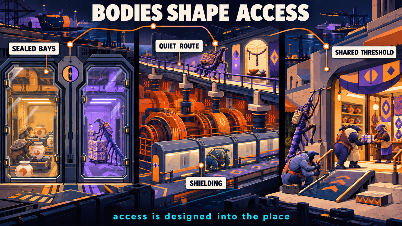 Flat editorial triptych titled Bodies Shape Access. Separate amber and violet freight bays have closed transparent pressure doors and different cargo customs. A climber uses an elevated vibration-isolated quiet route past a cord-decorated ritual alcove while a shelled traveler takes a protected lower lane. Nonhuman neighbors install a ramp and grip rail at a ceramics-and-textile shop and exchange a wrapped gift. Cream cards name Sealed Bays, Quiet Route, Shielding and Shared Threshold; the cyan caption reads access is designed into the place.