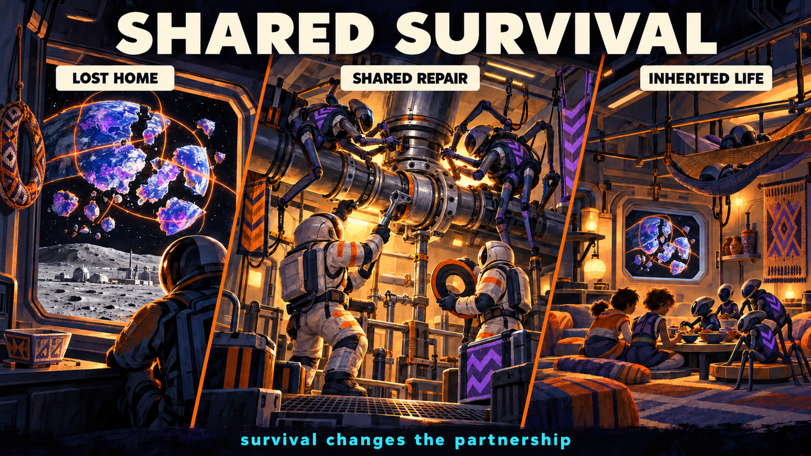 Painterly three-panel illustration titled Shared Survival. Lost Home shows fractured Earth through a sealed lunar window, orange containment arcs, and preserved woven and ceramic cultural objects. Shared Repair shows helmeted human technicians and multi-limbed climbers jointly fixing one pressure junction with different tools. Inherited Life shows ground seating and overhead hammocks, geometric textile motifs, and young residents sharing a meal while the damaged Earth remains visible. The caption reads survival changes the partnership.