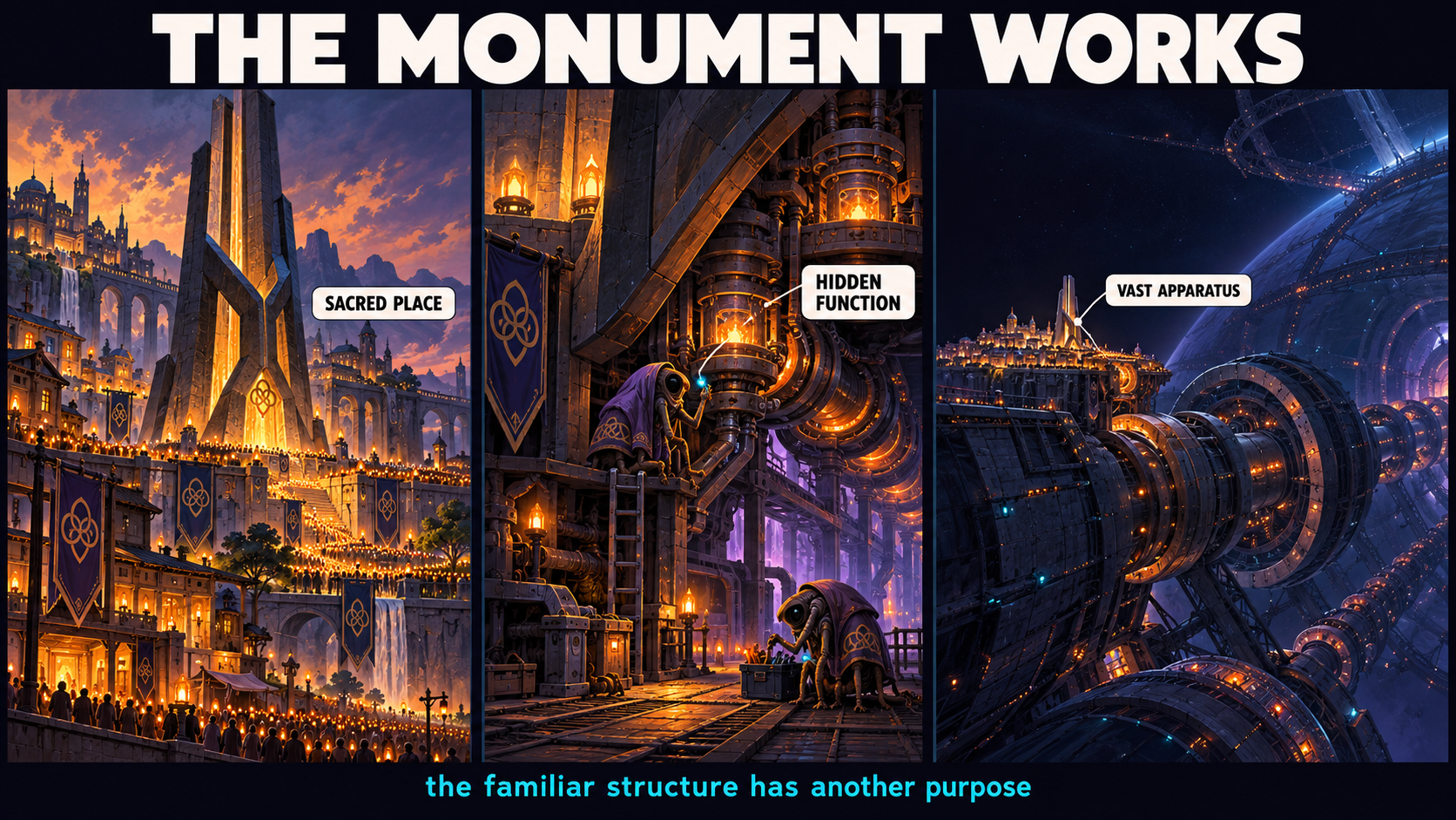 A sacred monument, its maintenance interior, and a vast underlying machine reveal how an ordinary city could be infrastructure for another power.