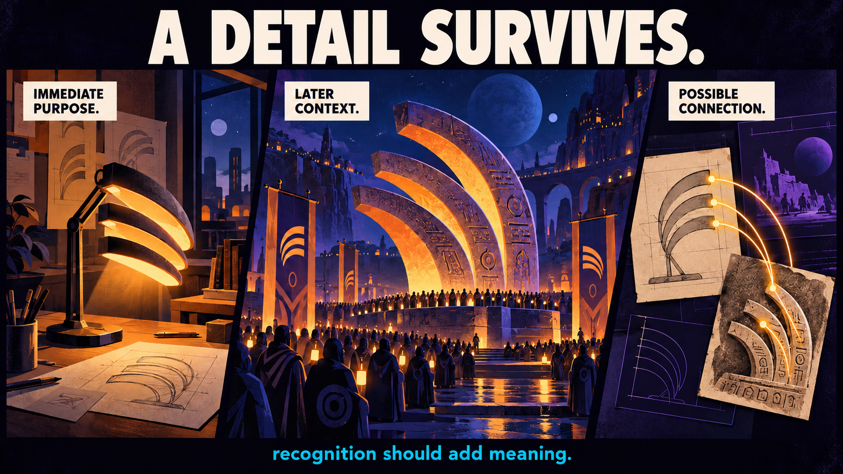 A workshop design, a later fictional artifact, and an archival comparison give one motif immediate purpose and a possible second meaning.
